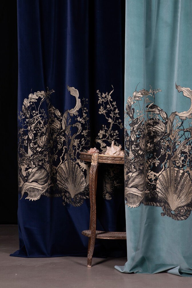 Shell And Crab Velvet Fabric - Black & Pale Gold on Navy - Timorous Beasties - SHC/8818/05 - Premier Wallcovering