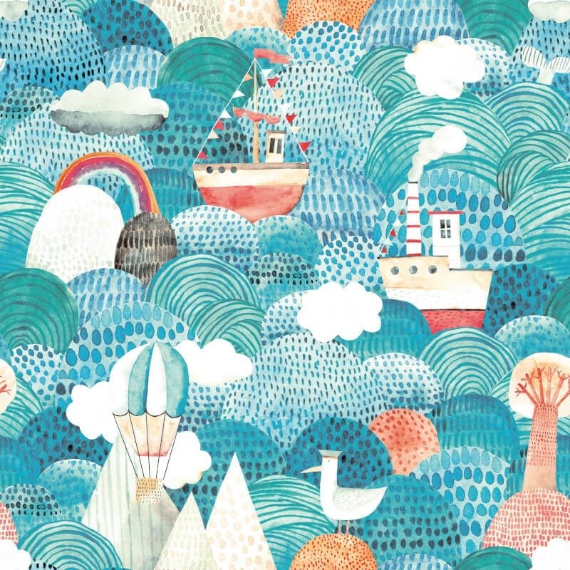 Ships Ahoy Wallpaper - Aqua/Coral - Hoopla Walls - HWA1304W - Premier Wallcovering
