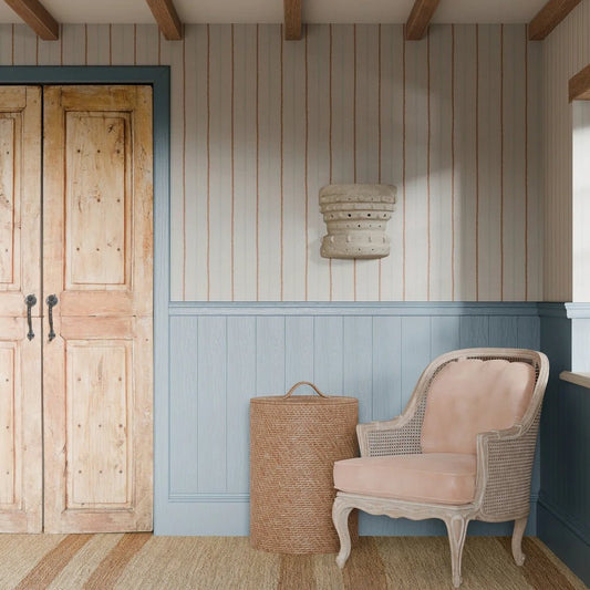 Shoreline Stripes Wallpaper - Autumn Spice and Duck Egg on Pearl White - LAN100306 - Lucie Annabel - Premier Wallcovering