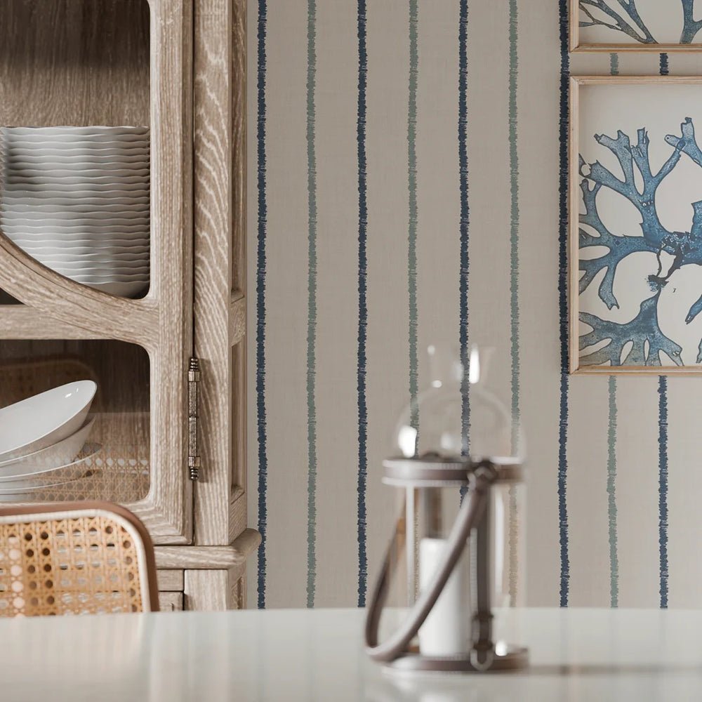 Shoreline Stripes Wallpaper - Classic Navy and Teal on Sand - LAN100308 - Lucie Annabel - Premier Wallcovering