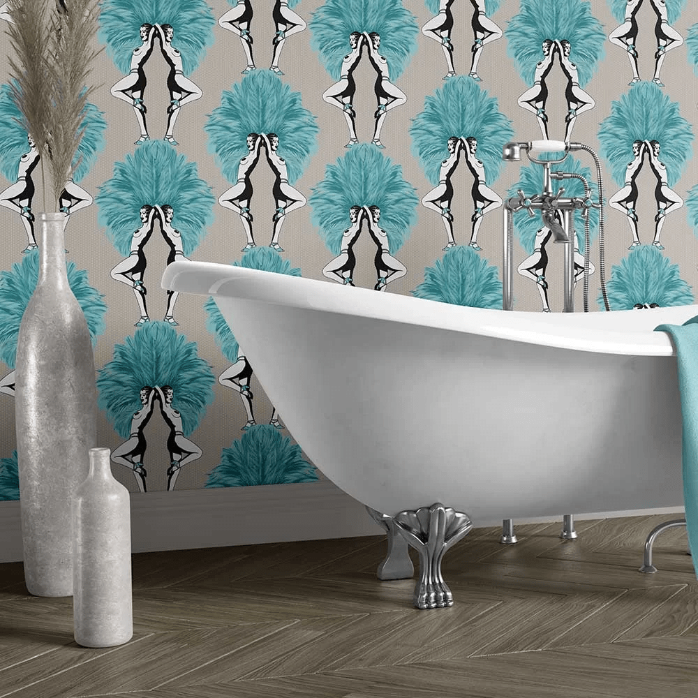 Showgirls Wallpaper - Metallic Teal & Cream - The Graduate Collection - MS1SHOWCTEAL - Premier Wallcovering