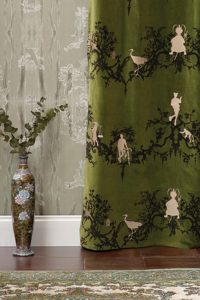 Shuiping De Pillement Velvet Fabric - Black & Pale Gold on Olive - Timorous Beasties - SHUP/8118/04 - Premier Wallcovering