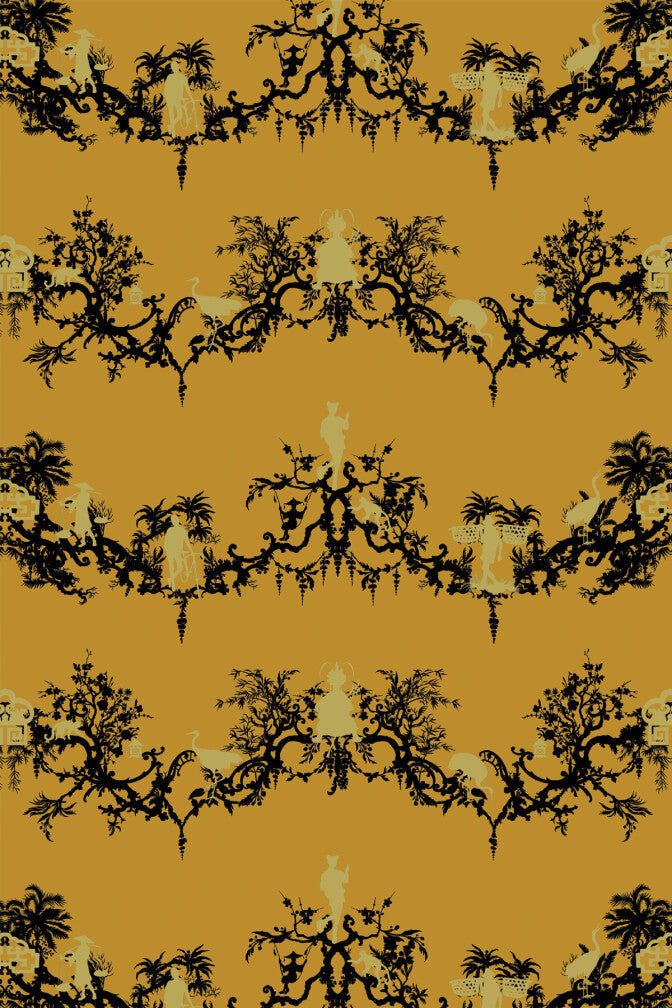 Shuiping De Pillement Velvet Fabric - Black & Pale Gold on Honey - Timorous Beasties - SHUP/8206/02 - Premier Wallcovering