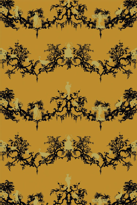 Shuiping De Pillement Velvet Fabric - Black & Pale Gold on Honey - Timorous Beasties - SHUP/8206/02 - Premier Wallcovering
