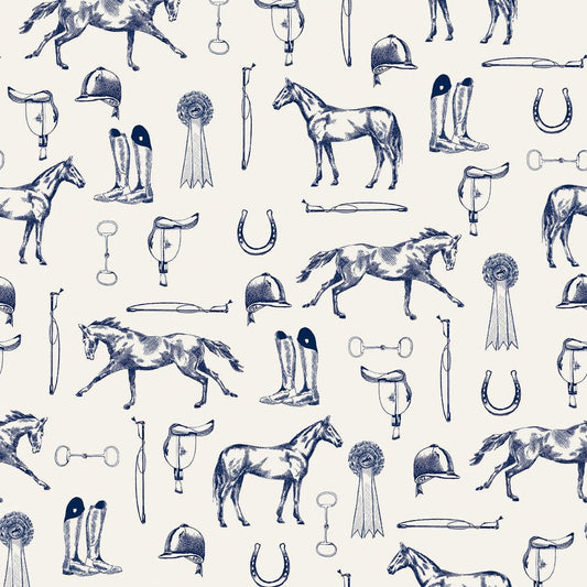 Sketched Equestrian Wallpaper - Cream & Blue - Joules - 128902 - Premier Wallcovering