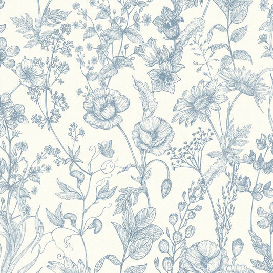 Sketched Meadow Wallpaper - Cornflower Blue on Cream - LAN100055 - Lucie Annabel - Premier Wallcovering