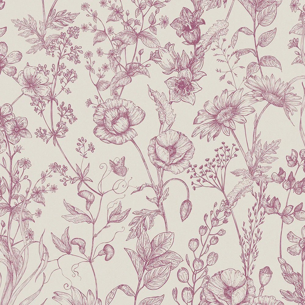 Sketched Meadow Wallpaper - Berry on Oatmeal - LAN100058 - Lucie Annabel - Premier Wallcovering