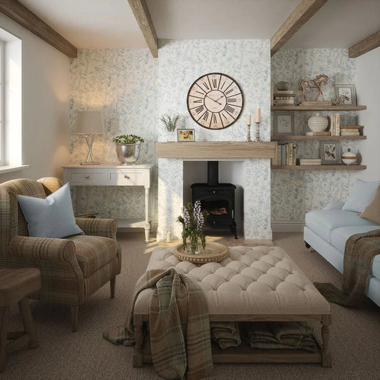 Sketched Meadow Wallpaper - Cornflower Blue on Cream - LAN100055 - Lucie Annabel - Premier Wallcovering