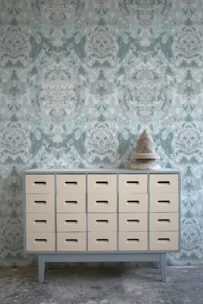 Skull Damask Superwide Wallpaper - Pale Blue - Timorous Beasties - ROR/SKLD/OBRN/03 - Premier Wallcovering
