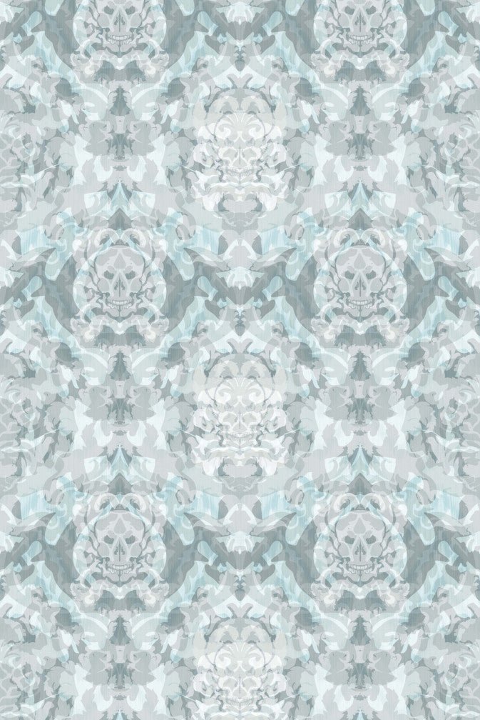 Skull Damask Superwide Wallpaper - Pale Blue - Timorous Beasties - ROR/SKLD/OBRN/03 - Premier Wallcovering