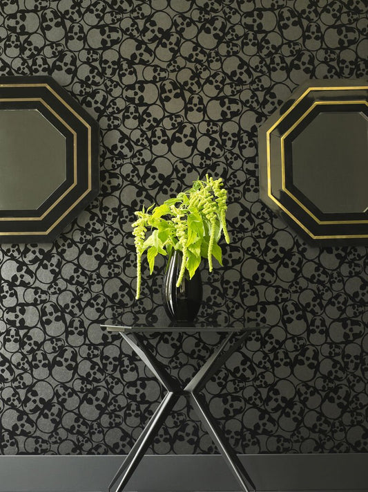 Skulls Flock Wallpaper - Black - Graham & Brown - 19911 - Premier Wallcovering