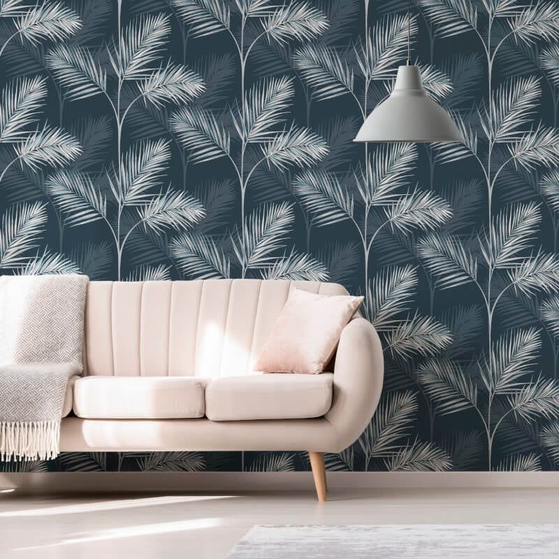 South Beach Palm Leaf Metallic Wallpaper - Navy/Grey - Fine Décor - FD42681 - Premier Wallcovering