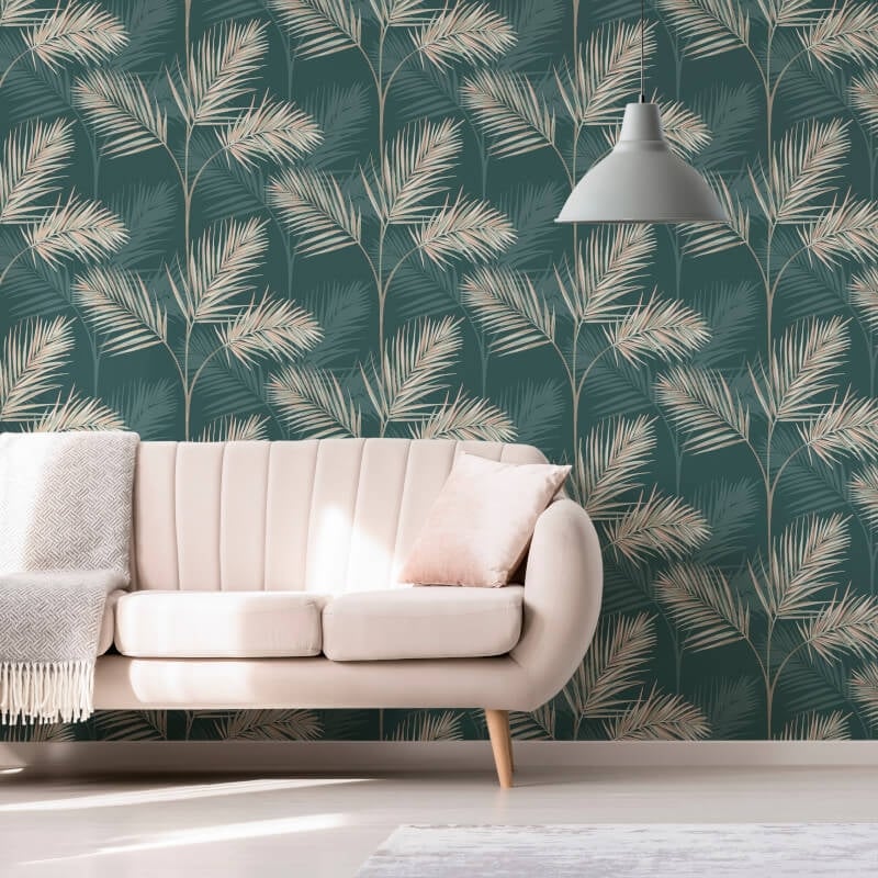 South Beach Palm Leaf Metallic Wallpaper - Emerald/Multi - Fine Décor - FD42679 - Premier Wallcovering