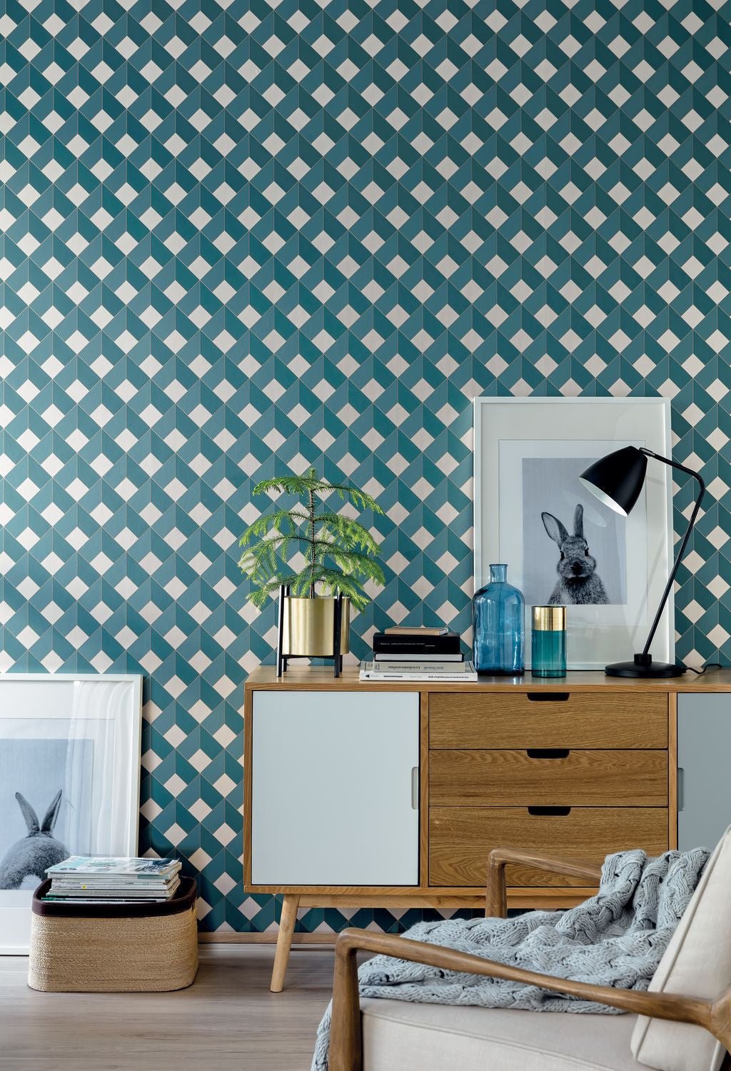 Spaces Square Wallpaper - Bleu Canard - Caselio - 100126062 - Premier Wallcovering