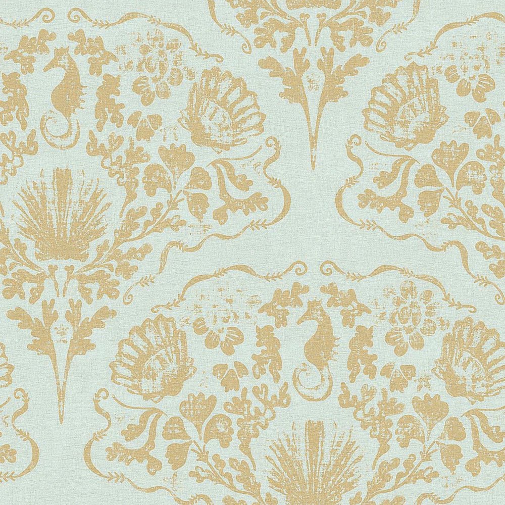 St. Mawes Lace Wallpaper - Antique Gold on Duck Egg - LAN100324 - Lucie Annabel - Premier Wallcovering