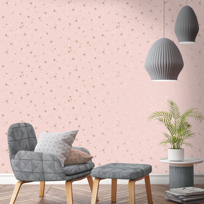 Starlight Stars Metallic Wallpaper - Pink/Gold - Crown - M1492 - Premier Wallcovering