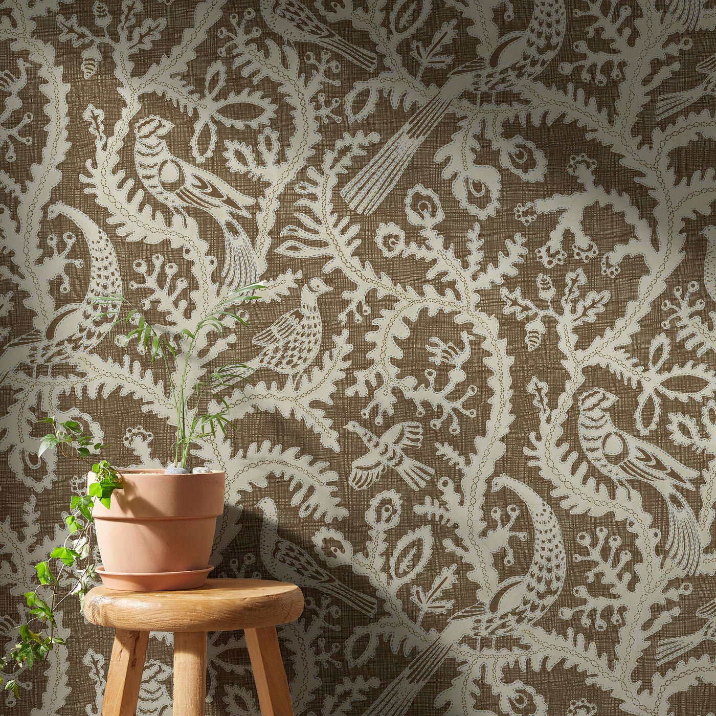 Stitched Birds Wallpaper - Brown - Josephine Munsey - JMW-103521 - Premier Wallcovering