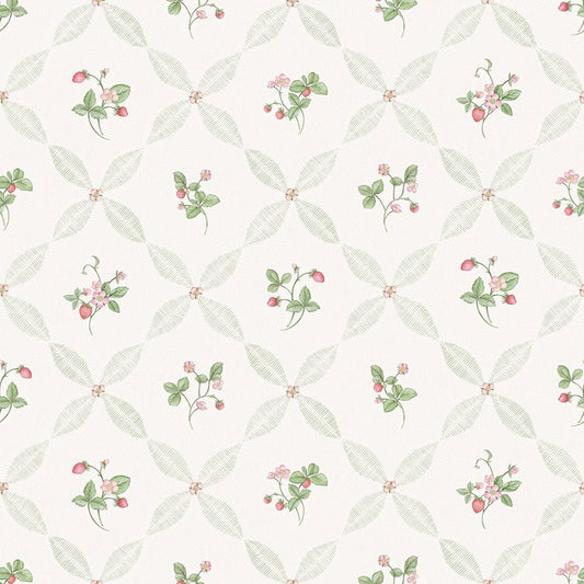 Strawberry Harvest Trellis Wallpaper - Summer Greens and Berry Red - LAN100383 - Lucie Annabel - Premier Wallcovering