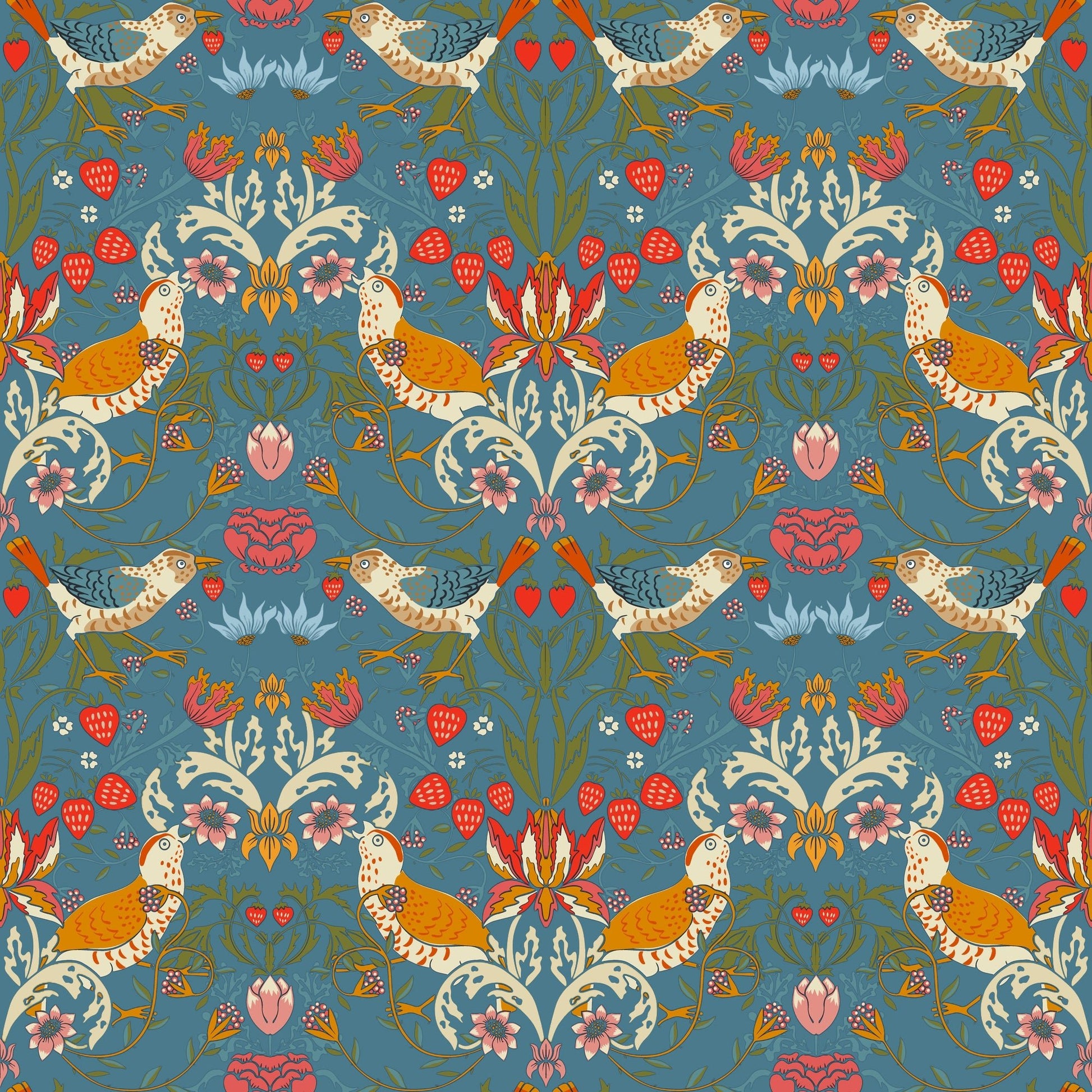Morris Collections - 1026 - 1 - Strawberry Thief Wallpaper - Denim - Premier Wallcovering