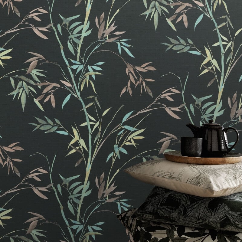 Stunning Bamboo Leaf Wallpaper - Black - Erismann - 10388 - 15 - Premier Wallcovering