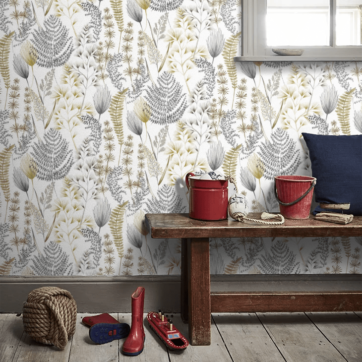 Summer Ferns Wallpaper - Grey Mustard - Ohpopsi - JRD50105W - Premier Wallcovering