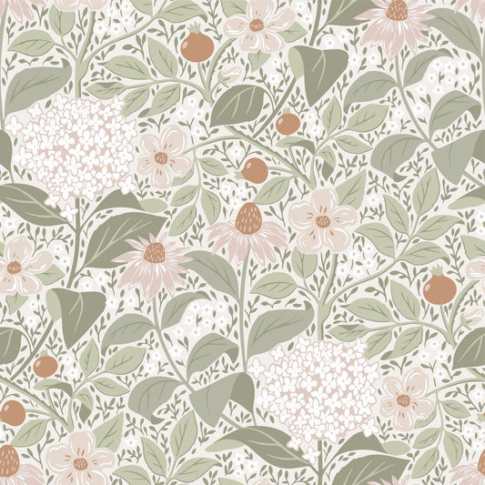 Summer’s Bloom Floral Wallpaper - Light Green - Summer Gray - Premier Wallcovering