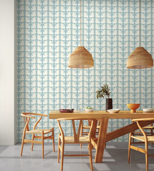 Swim Swam Swan Wallpaper - Sky / Chai - NART112809 - Scion - Premier Wallcovering