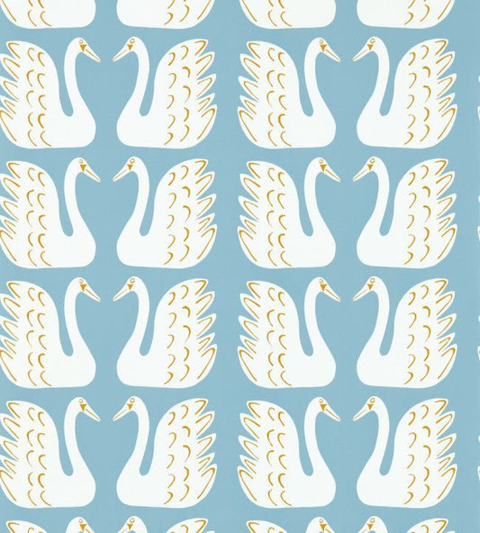 Swim Swam Swan Wallpaper - Sky / Chai - NART112809 - Scion - Premier Wallcovering
