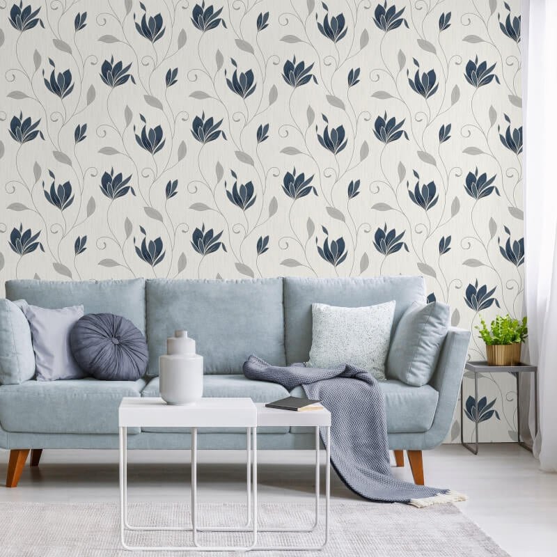 Synergy Floral Glitter Wallpaper - Navy/Silver - Crown - M1716 - Premier Wallcovering