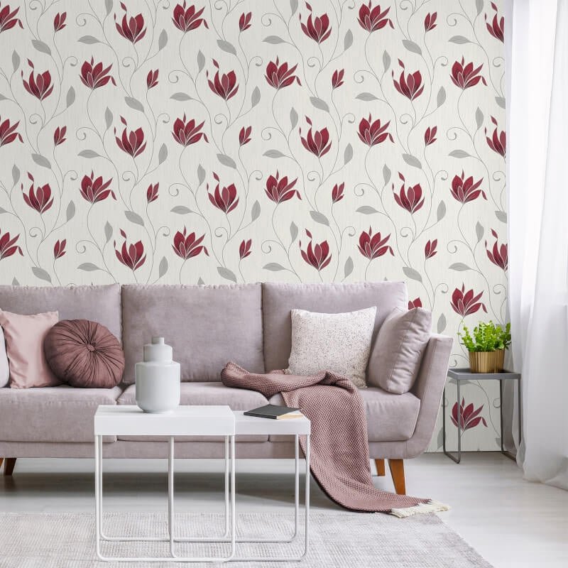 Synergy Floral Glitter Wallpaper - Red/Silver - Crown - M1718 - Premier Wallcovering