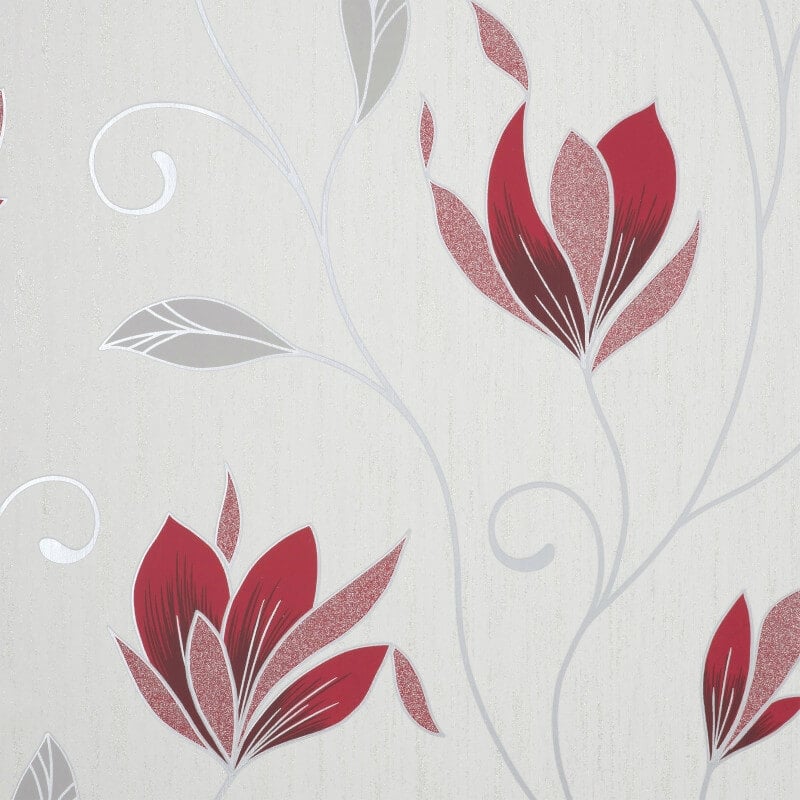 Synergy Floral Glitter Wallpaper - Red/Silver - Crown - M1718 - Premier Wallcovering