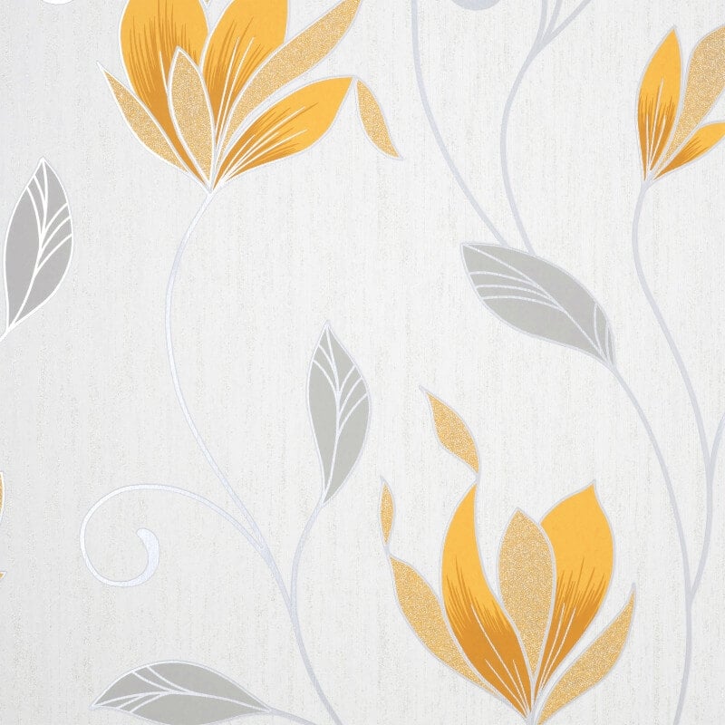 Synergy Floral Glitter Wallpaper - Mustard/Silver - Crown - M1717 - Premier Wallcovering