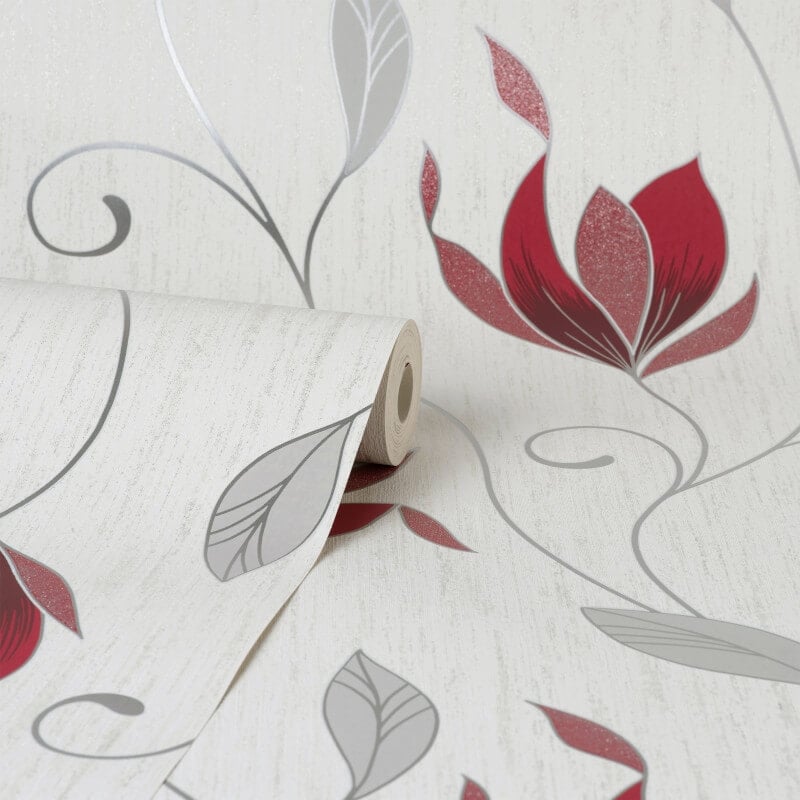 Synergy Floral Glitter Wallpaper - Red/Silver - Crown - M1718 - Premier Wallcovering