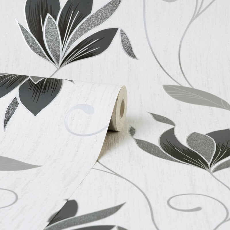 Synergy Floral Glitter Wallpaper - Black/Silver - Crown - M1719 - Premier Wallcovering