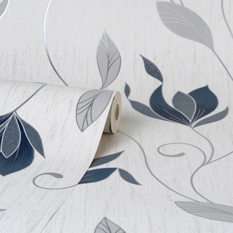 Synergy Floral Glitter Wallpaper - Navy/Silver - Crown - M1716 - Premier Wallcovering