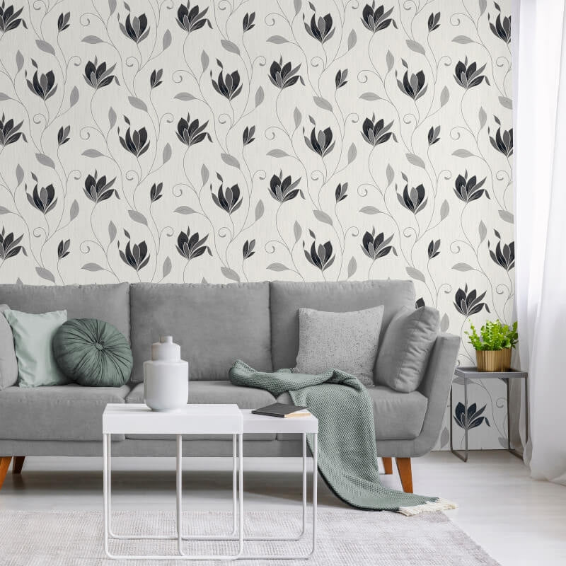 Synergy Floral Glitter Wallpaper - Black/Silver - Crown - M1719 - Premier Wallcovering