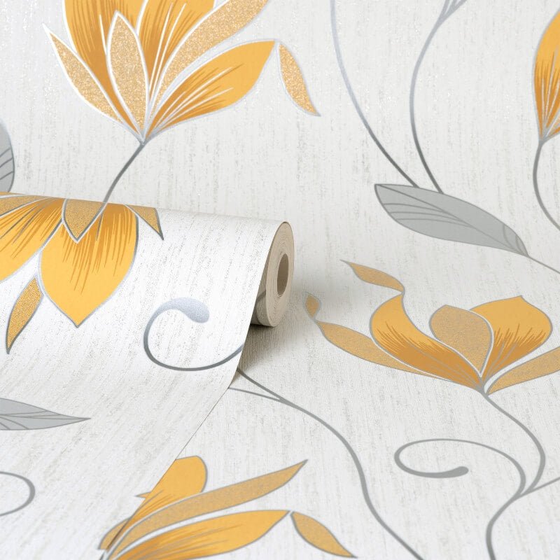 Synergy Floral Glitter Wallpaper - Mustard/Silver - Crown - M1717 - Premier Wallcovering