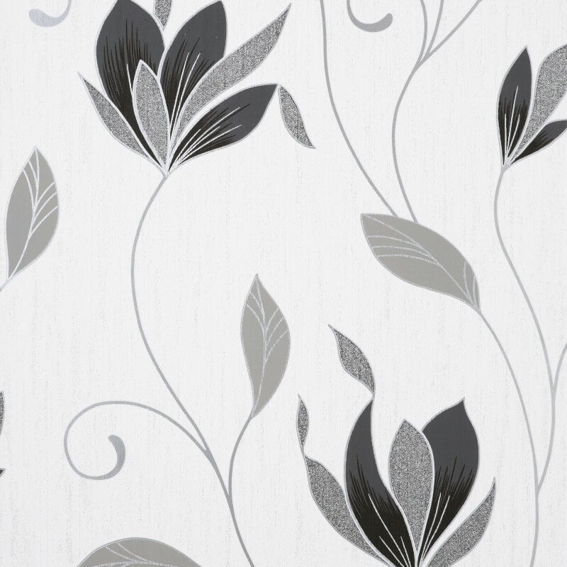 Synergy Floral Glitter Wallpaper - Black/Silver - Crown - M1719 - Premier Wallcovering