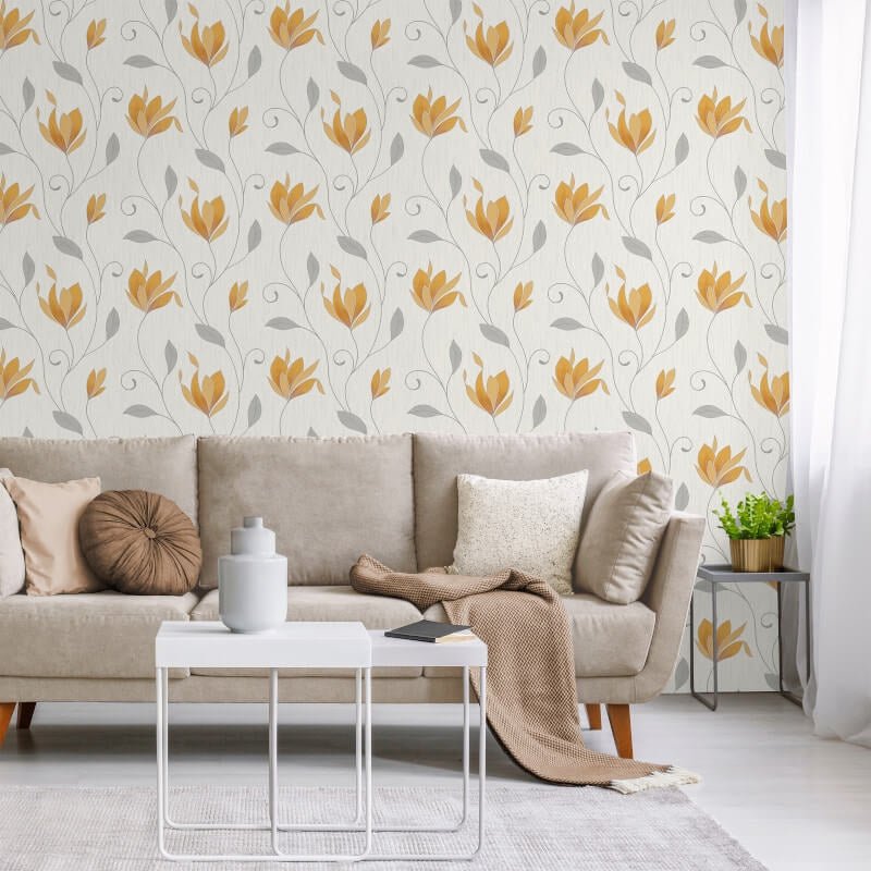 Synergy Floral Glitter Wallpaper - Mustard/Silver - Crown - M1717 - Premier Wallcovering