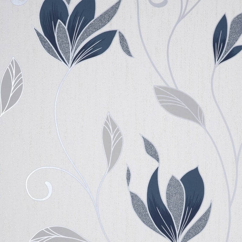 Synergy Floral Glitter Wallpaper - Navy/Silver - Crown - M1716 - Premier Wallcovering