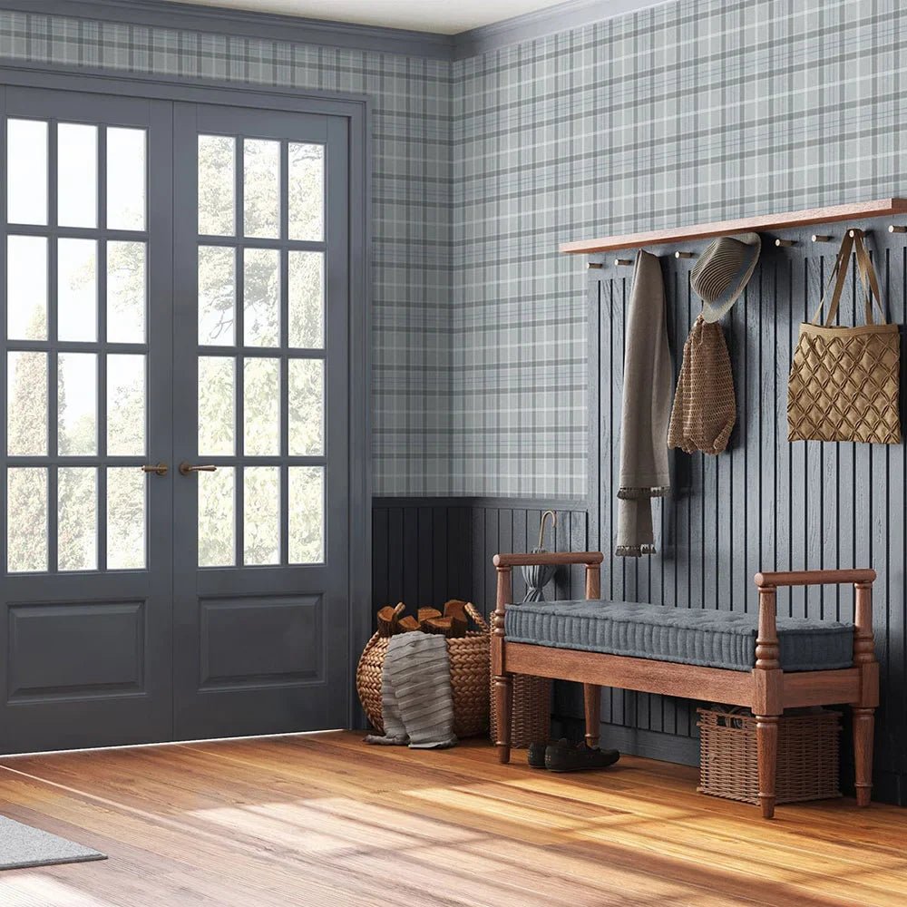 Tailor Plaid Wallpaper - Cream & Blue - NextWall - NW54303 - Premier Wallcovering