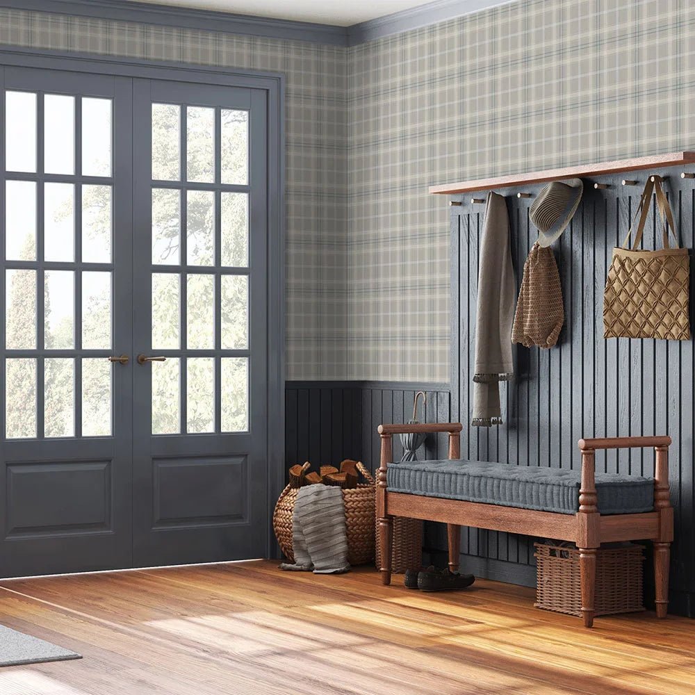 Tailor Plaid Wallpaper - Argos Grey & Blue - NextWall - NW54308 - Premier Wallcovering