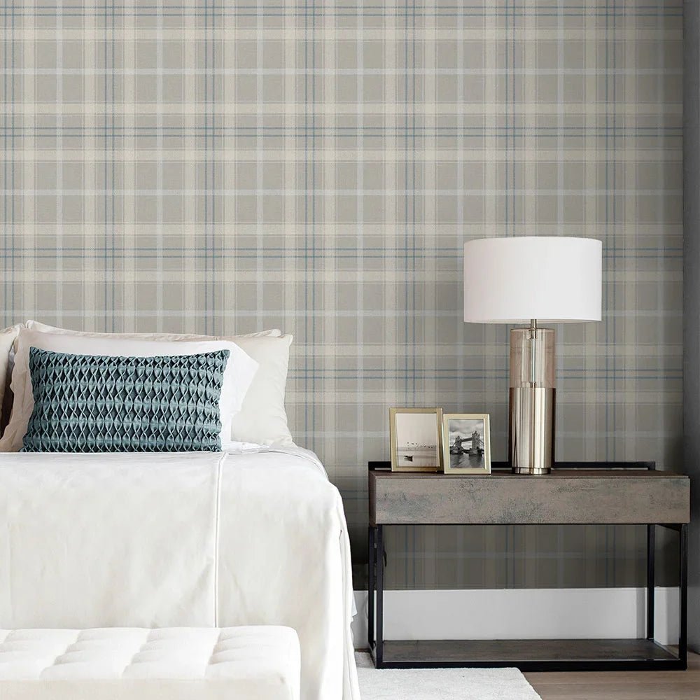 Tailor Plaid Wallpaper - Argos Grey & Blue - NextWall - NW54308 - Premier Wallcovering