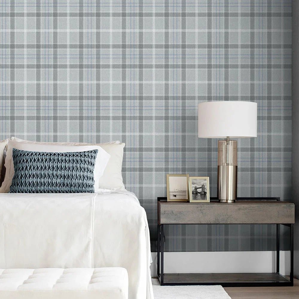 Tailor Plaid Wallpaper - Cream & Blue - NextWall - NW54303 - Premier Wallcovering