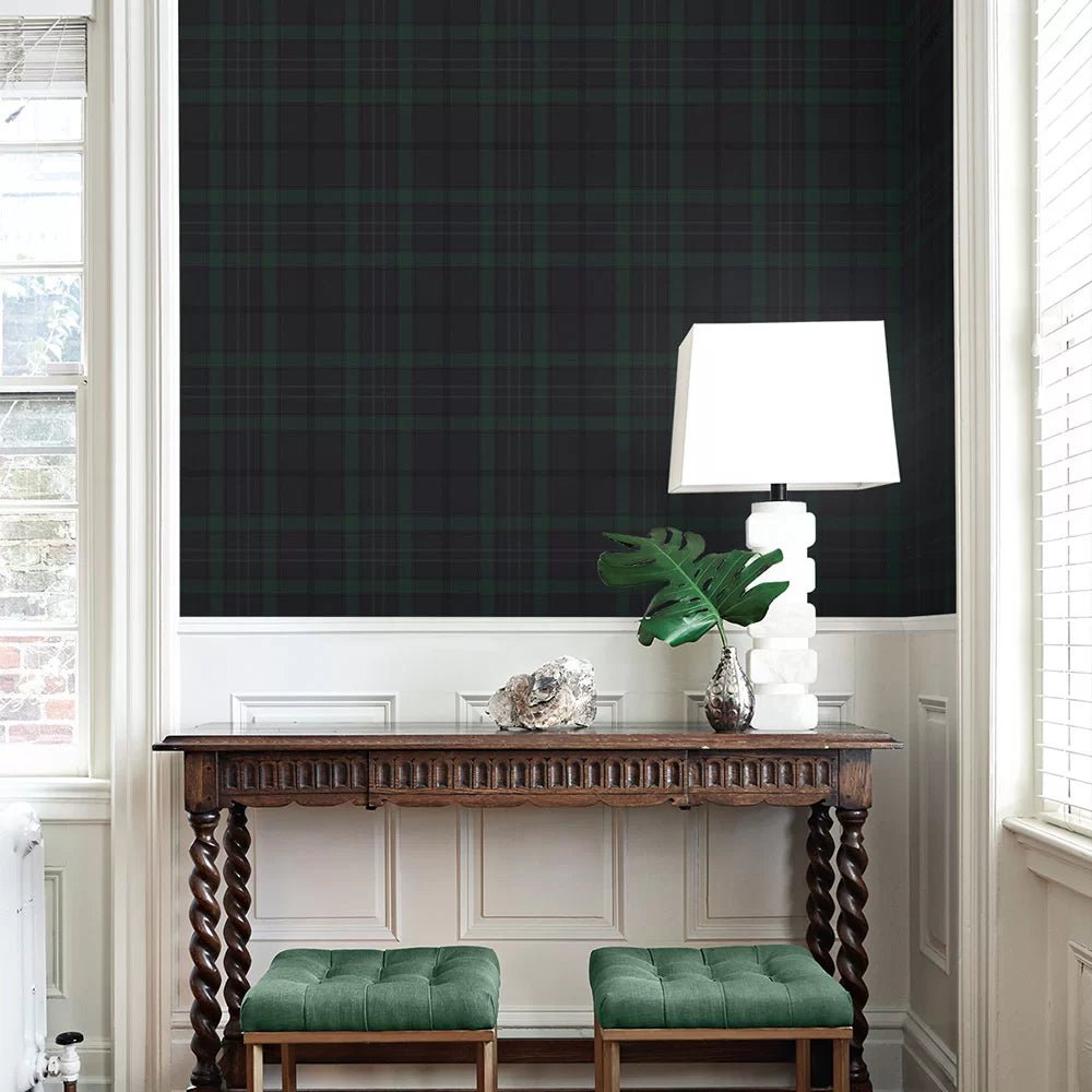 Tailor Plaid Wallpaper - Dark Blue & Evergreen - NextWall - NW54302 - Premier Wallcovering
