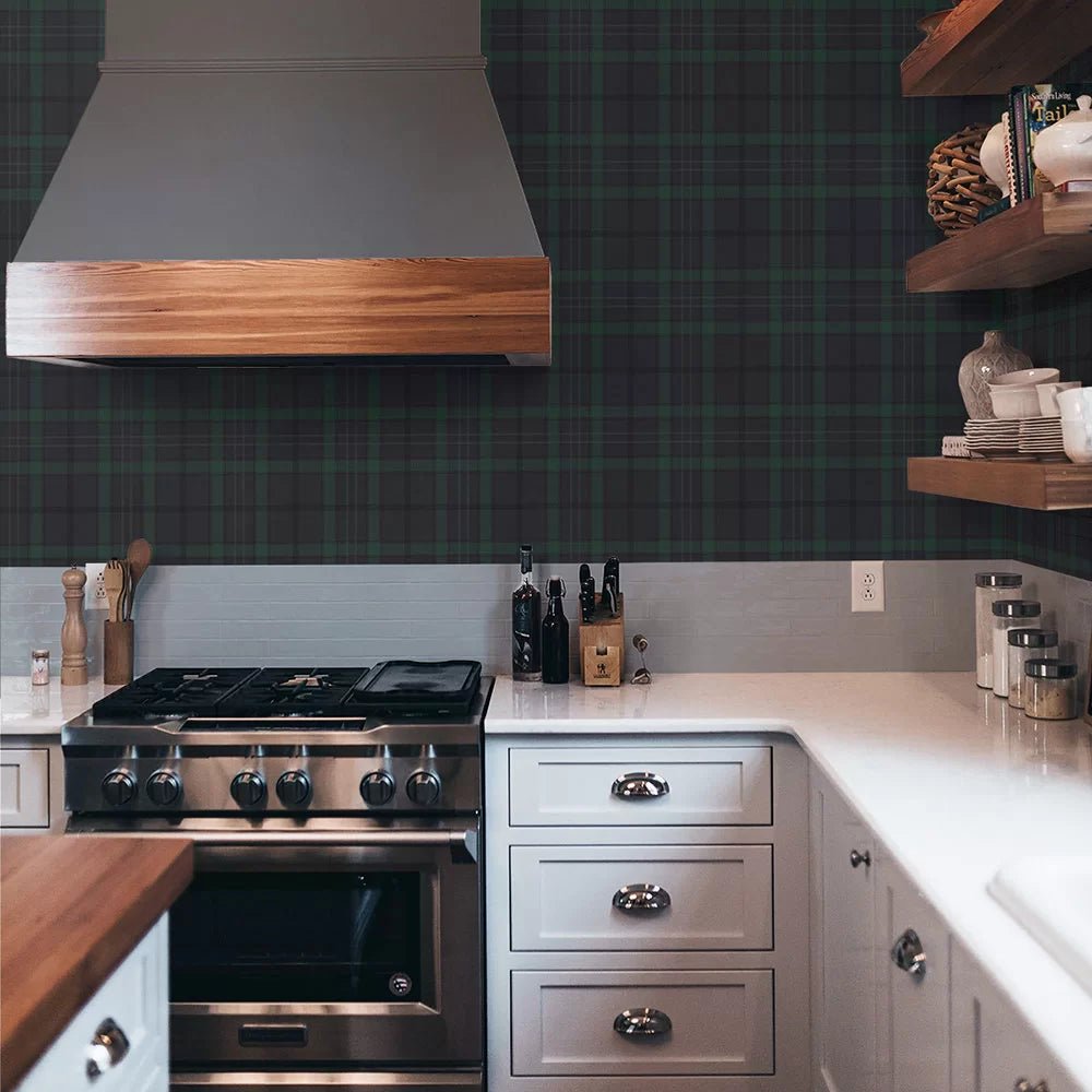 Tailor Plaid Wallpaper - Dark Blue & Evergreen - NextWall - NW54302 - Premier Wallcovering