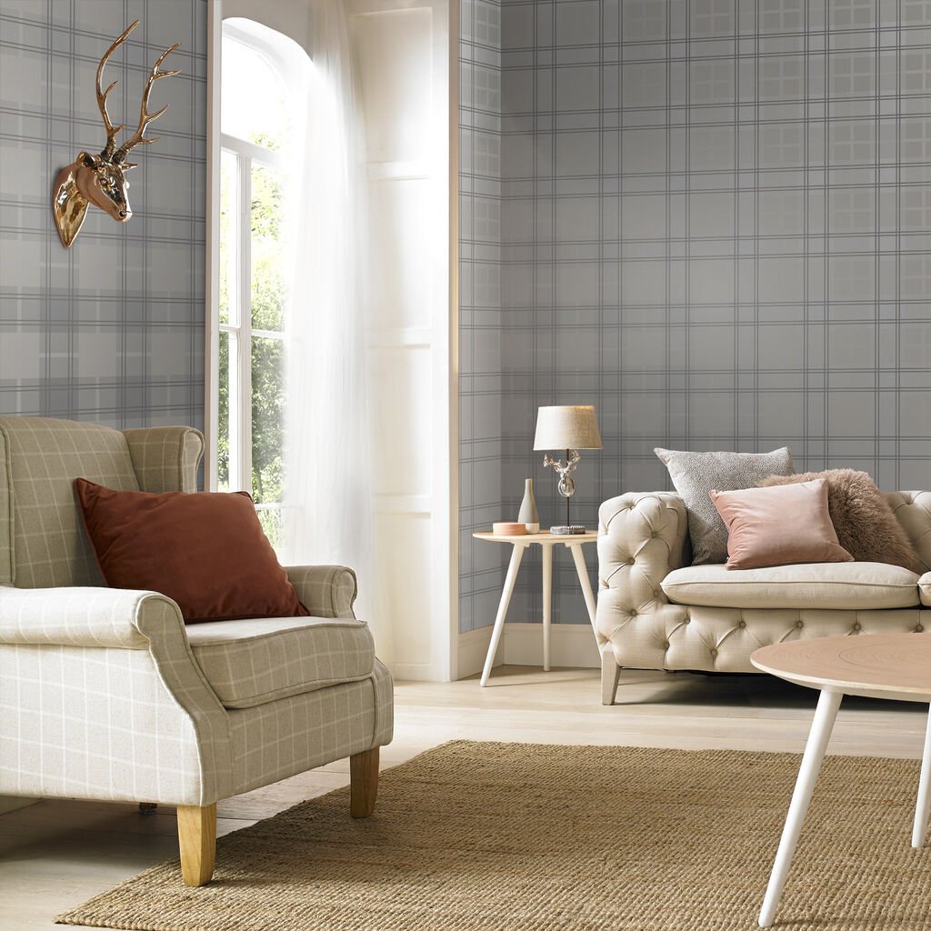 Tartan Wallpaper - Silver - Graham & Brown - 104722 - Premier Wallcovering