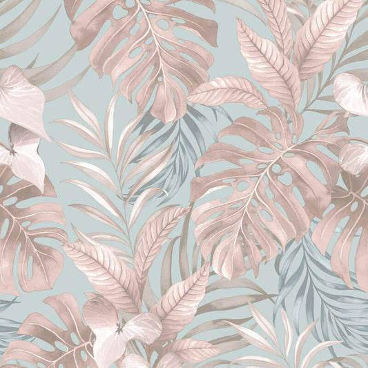 Teeva Jungle Leaf Wallpaper - Duck Egg/Blush - Muriva - 183502 - Premier Wallcovering