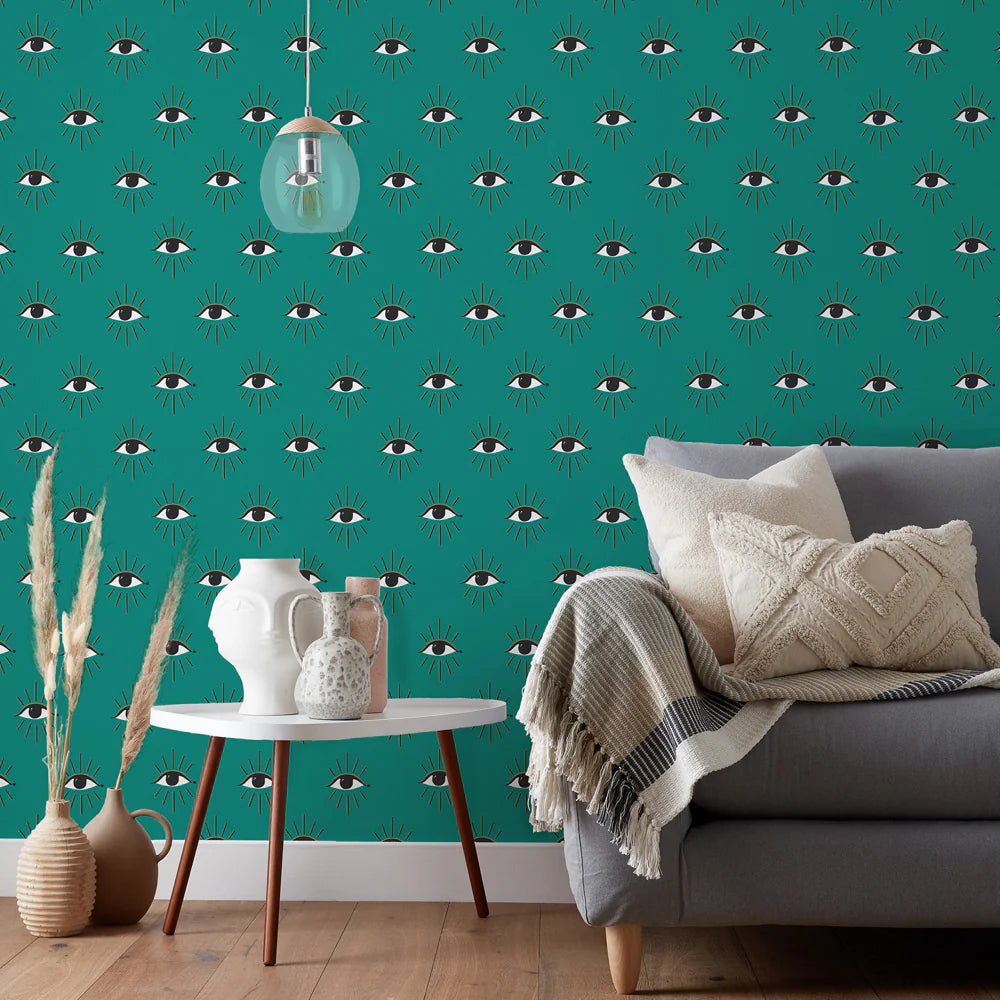 Theia Gold Foil Wallpaper - Turquoise - Furn - THEIA/WP1/TUR - Premier Wallcovering