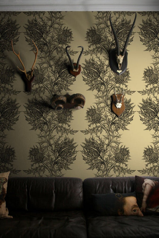 Thistle Wallpaper - Black on Khaki - Timorous Beasties - HS/THL/4002/SNW - Premier Wallcovering